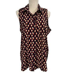 Halo Sleeveless Top Womens Size L Navy Birds Print Cute Preppy Indie Casual Chic